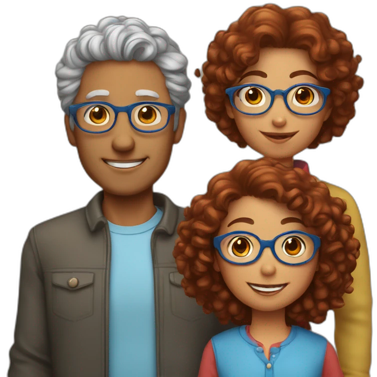 family of four father with gray hair mother with red curly hair and blue glasses son with brown hair and little daughter with curly brown hair emoji