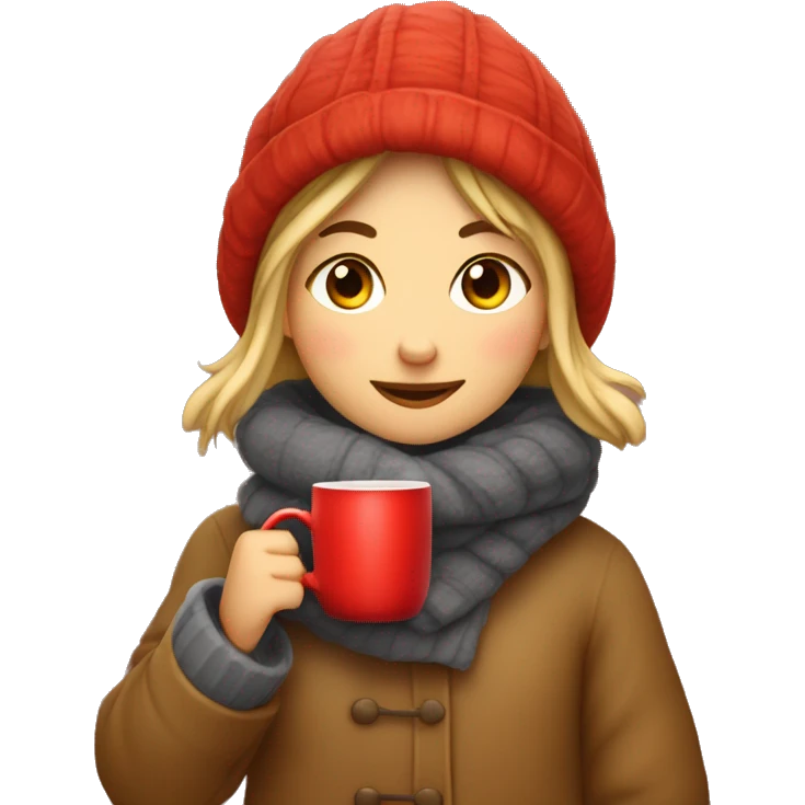 cozy autumn girl bundled up drinking hot apple cider from a red mug on an autumn afternoon  emoji