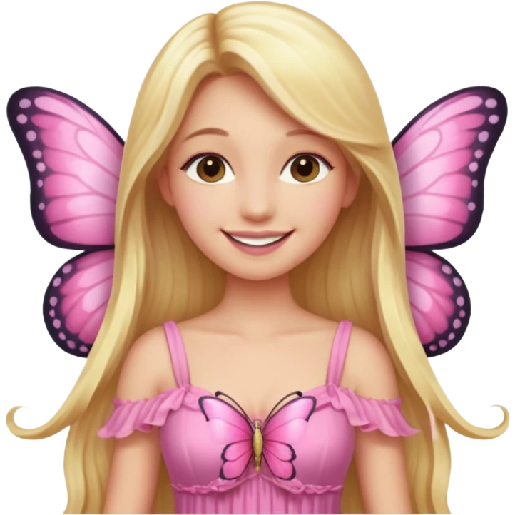 Detailed pink dress, long blonde hair, pink butterfly wings emoji