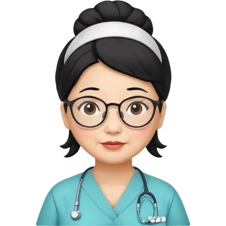 OLD ASIAN WOMAN WITH GLASSES, NURSE SCRUBS, HAIR BUN, BLACK HAIR, CHUBBY emoji