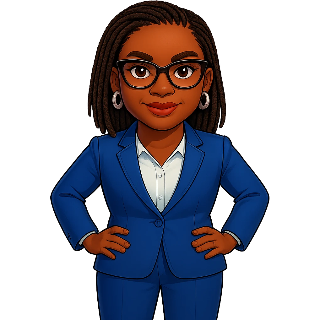 Kemi Badenoch confident emoji with glasses and braided hair standing, transparent background emoji
