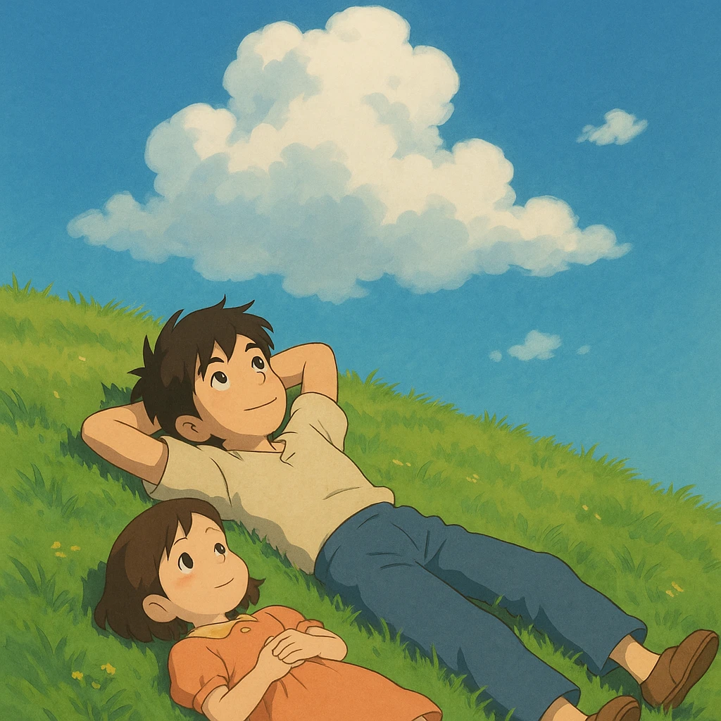 Two siblings lying on a grassy hill, gazing up at drifting cloud emoji