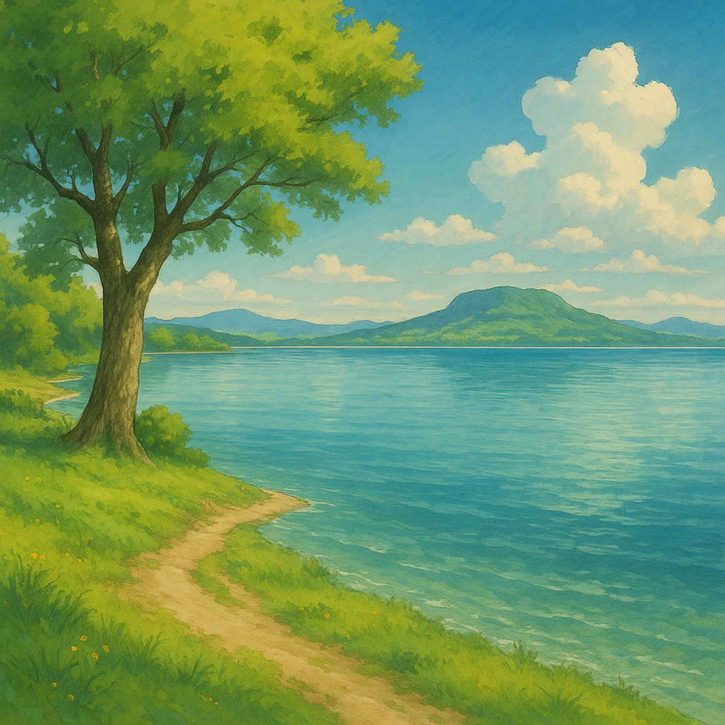 serene landscape of Lake Balaton in ghibli style emoji