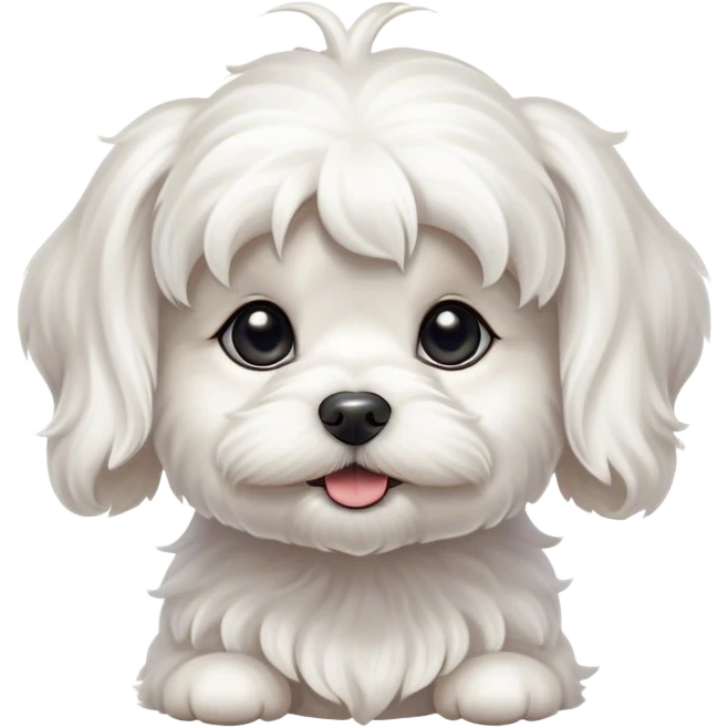 Cinematic Cute Wavy-Haired Maltese Dog Portrait Emoji, Head tilted playfully and inquisitively, featuring a luxurious, wavy-haired white coat with a healthy sheen, round, sparkling dark eyes filled with curiosity, Simplified yet irresistibly adorable features, highly detailed, glowing with a warm, friendly glow, high shine, affectionate and lively, stylized with a touch of whimsy, bright and endearing, soft glowing outline, capturing the essence of a mischievous yet loving companion, so playful it feels like it could scamper out of the screen and into your arms! emoji