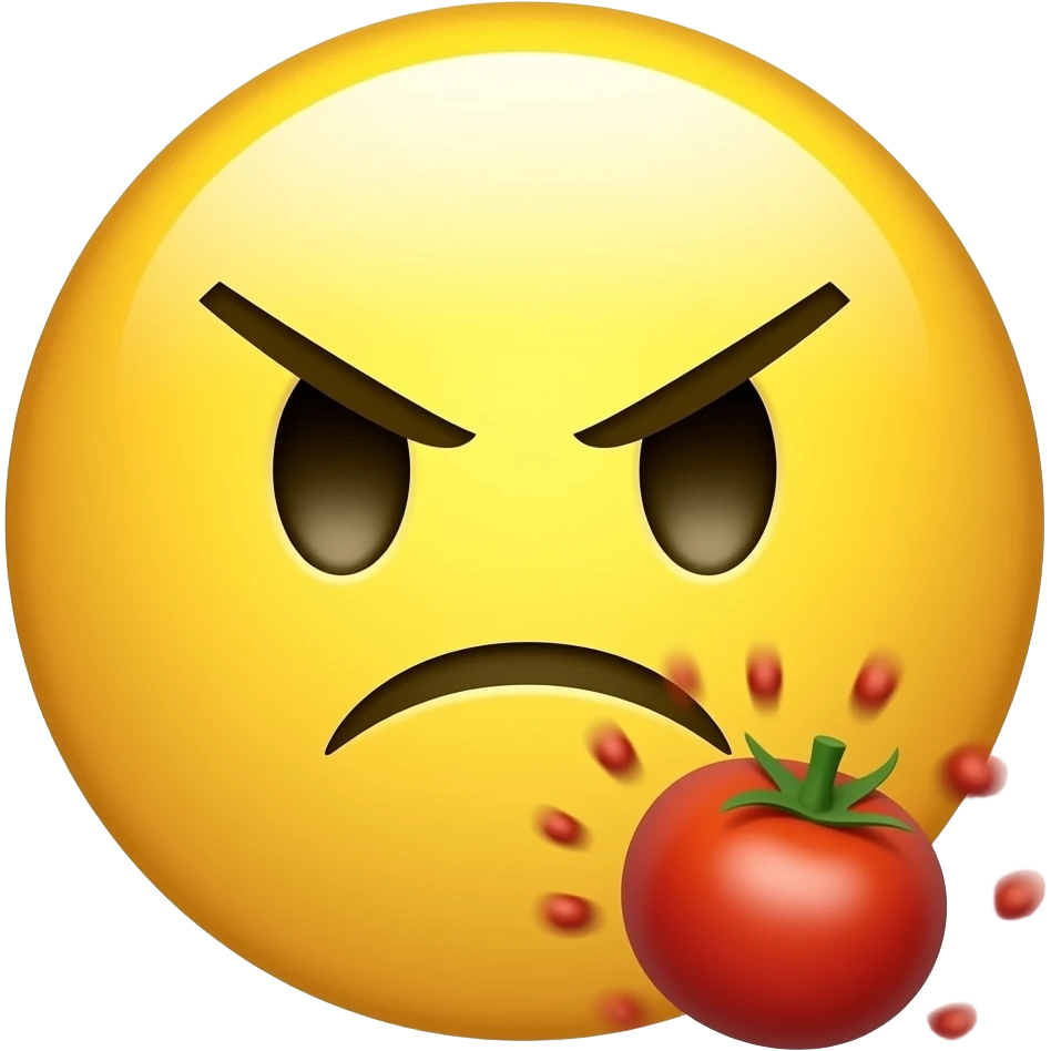 Yellow smiley throwing tomatoes towards screen in a mean way like bashing someone emoji