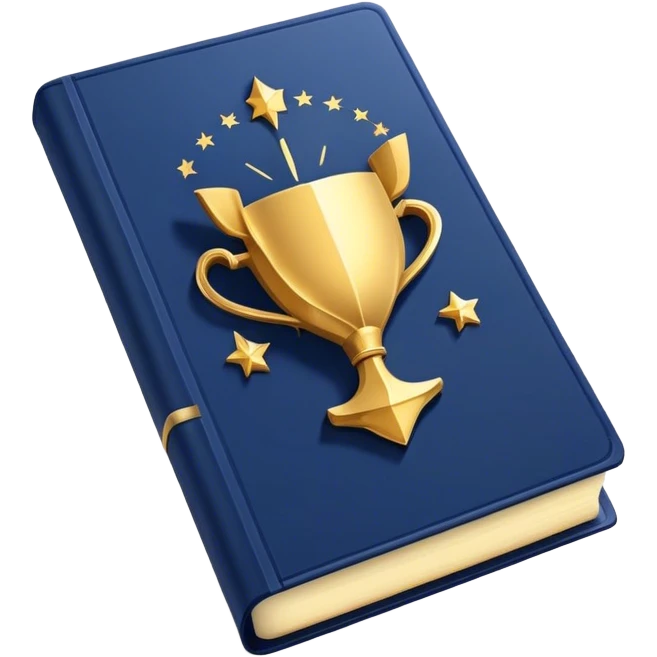 A navy blue productivity book with gold details, chart with upward trend aura, radiating productivity, strategy, and success in motion- emoji