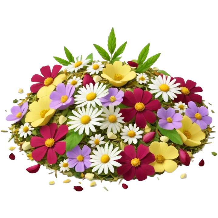 pile of loose herbal tea with dried herbs and flowers chamomile, mint, rose petals, lemongrass, organic and colorful, crumbled leaves and petals, soft greens, yellows, purples, reds, 3D clean style, transparent background emoji