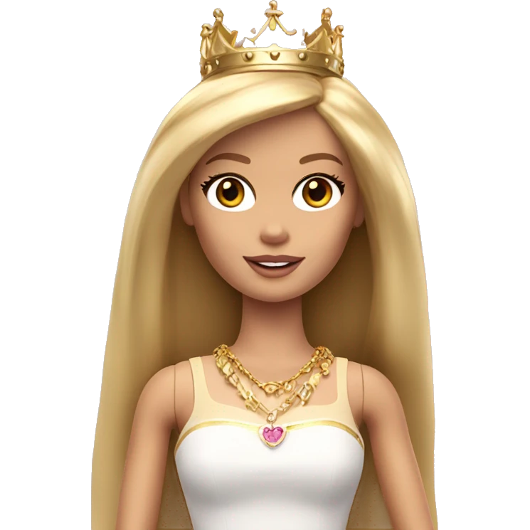 Blonde Barbie with bangs and long straight hair and hazel eyes wearing a gold crown emoji