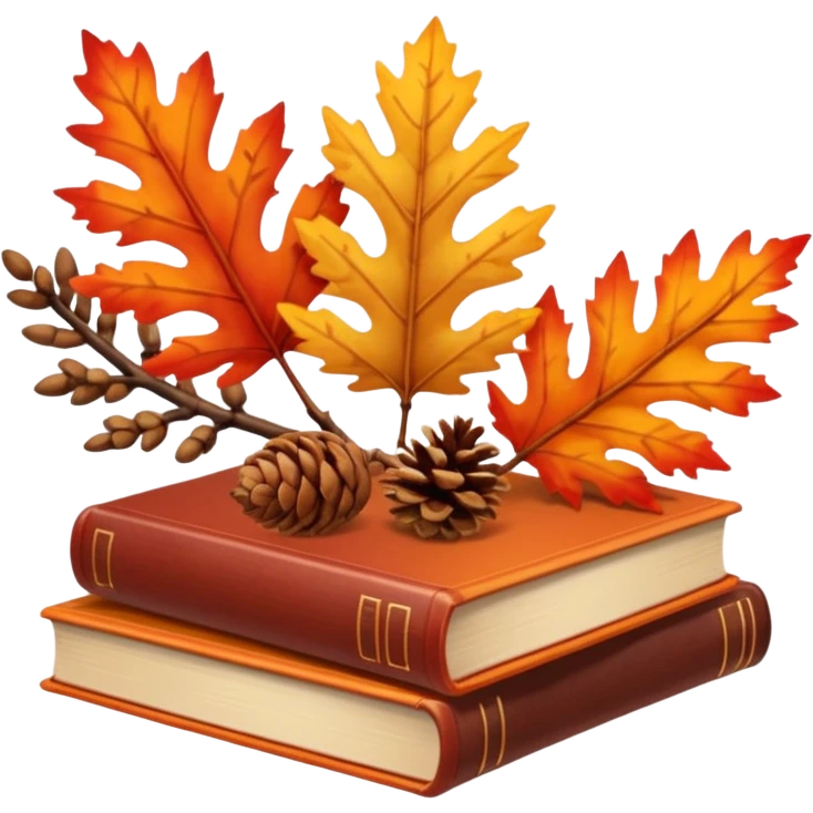 3 Red-orange-yellow-brown-gradients autumn leaves, pinecones, nuts, sticks, twigs, books emoji