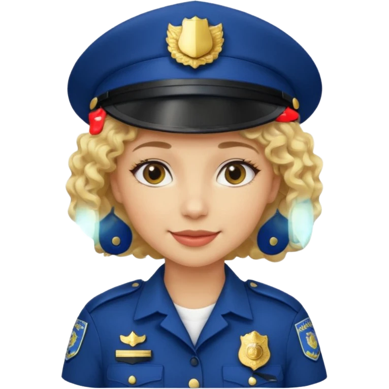 A light-skinned woman with short curly blonde hair, wearing a navy police hat with a badge, and a calm smile. emoji