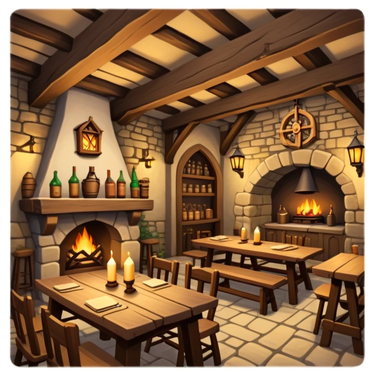 cozy medieval fantasy tavern with wooden beams, fireplace, and tables where adventurers gather emoji