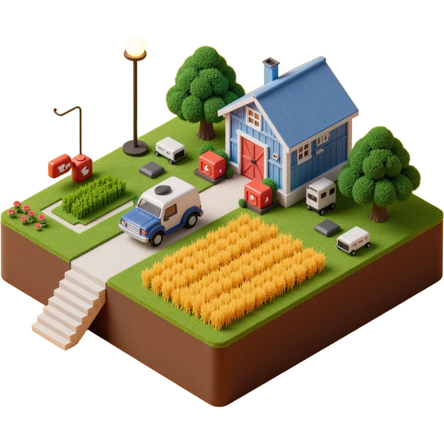 Modern robotic farm in skeuomorphism style, metallic buildings on visible soil, golden wheat fields, harvest robots, glowing neon lights and pipes, emoji-style emoji