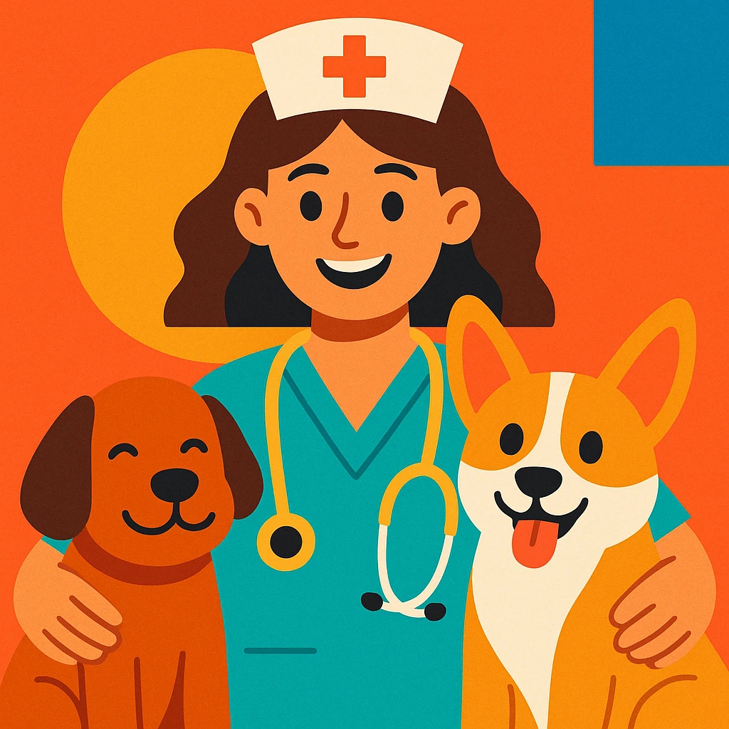 brunette nurse with dogs, vibrant and friendly style emoji