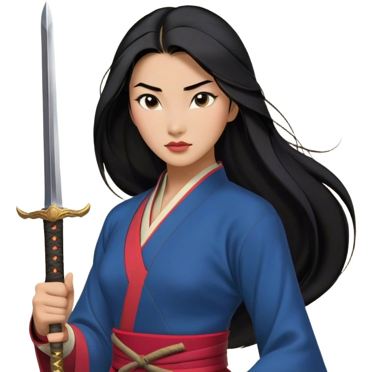 Cinematic Realistic Mulan Portrait, depicted with lifelike skin texture, soft natural lighting, and intricately detailed long black hair styled elegantly. Her deep, expressive eyes exude determination and grace, complemented by a serene yet confident expression. She stands with one hand resting on the hilt of her sword, the other by her side, exuding strength and poise. She is dressed in her classic attire, with rich fabric textures and delicate folds that catch the light beautifully. The portrait features a soft, enchanting glow with a natural, radiant finish, capturing the essence of timeless strength and beauty in a realistic and painterly style, evoking a sense of depth and authenticity. emoji