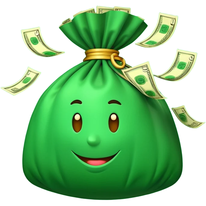 

3D emoji style, big bag of money, flying dollar bills, rich casino vibe, smooth lighting, high detail, clean edges, transparent background



 emoji