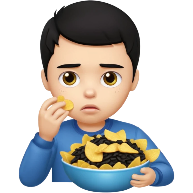 a PRETTY BRATZ boy with black hair, stuffing his face with chips and looking sad emoji