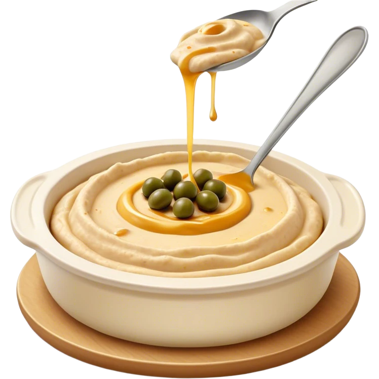 Cinematic Realistic Hummus Dish Emoji, depicted as a creamy chickpea dip drizzled with olive oil rendered with rich textures and warm, inviting lighting. emoji