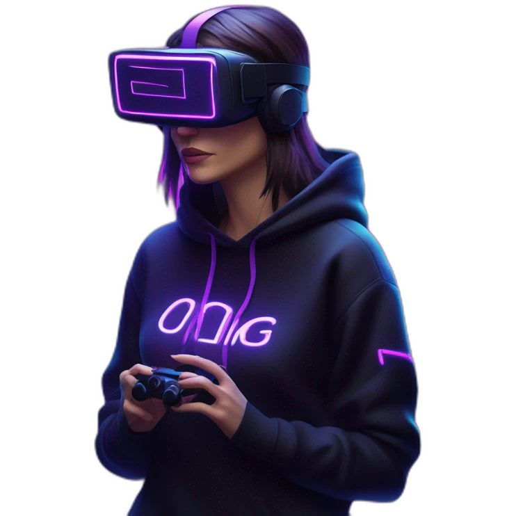 Cathie Wood wearing a black hoodie with "OMG" letters on it and VR headset in a cyberpunk VR environment with violet neon lighting. emoji