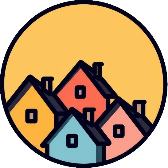 Community of houses in a circle, minimalist homelessness support logo emoji