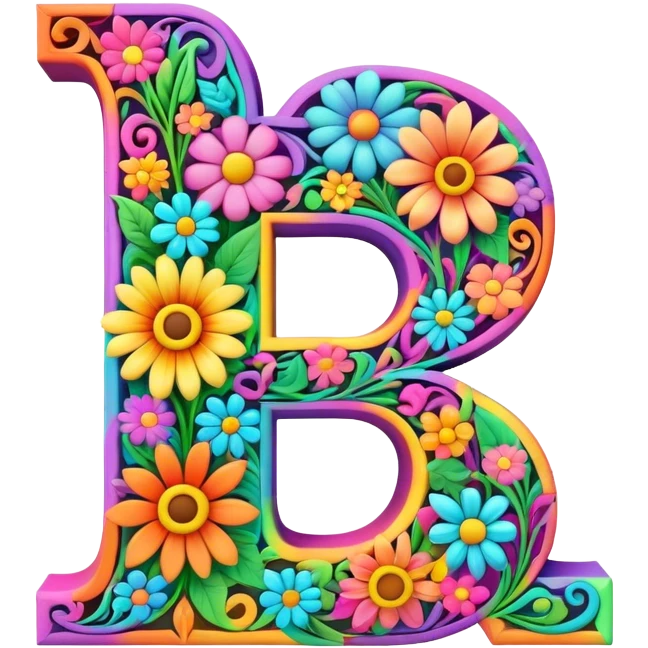 3D, gothic style psychedelic colored Letter “D” with hippie style flower border emoji