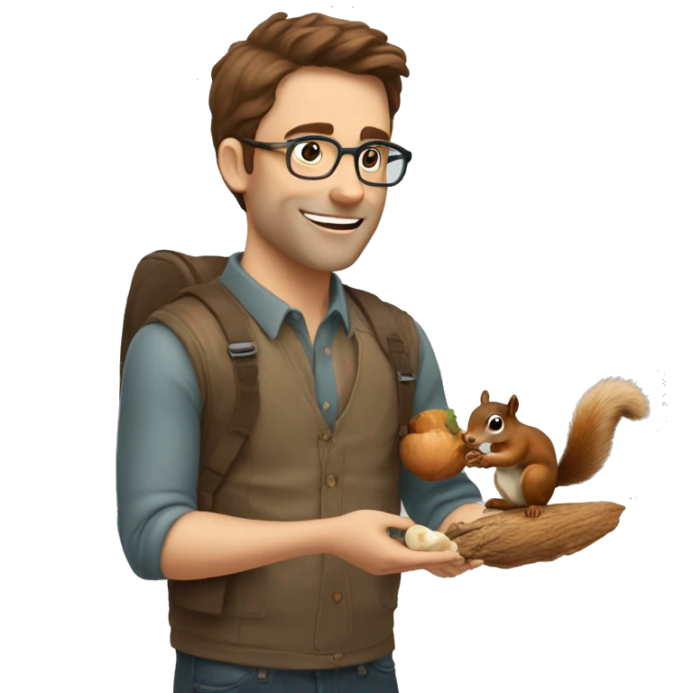 A man with brown hair, glasses and fair skin, feeds a squirrel with nuts emoji
