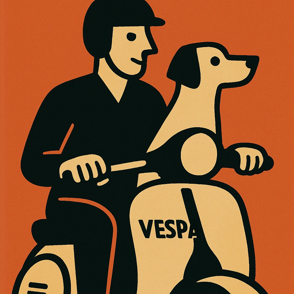 man and his pet dog riding a vespa emoji