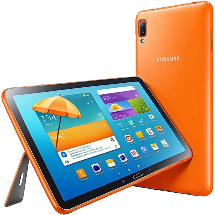 Ultra Detailed hyperrealistic beautiful Samsung galaxy 10.5 tablet, with a cute neon orange summer vibes cover case 3d render, isolated, still life. Must be 8k quailty, 9000x9000px resolution  emoji