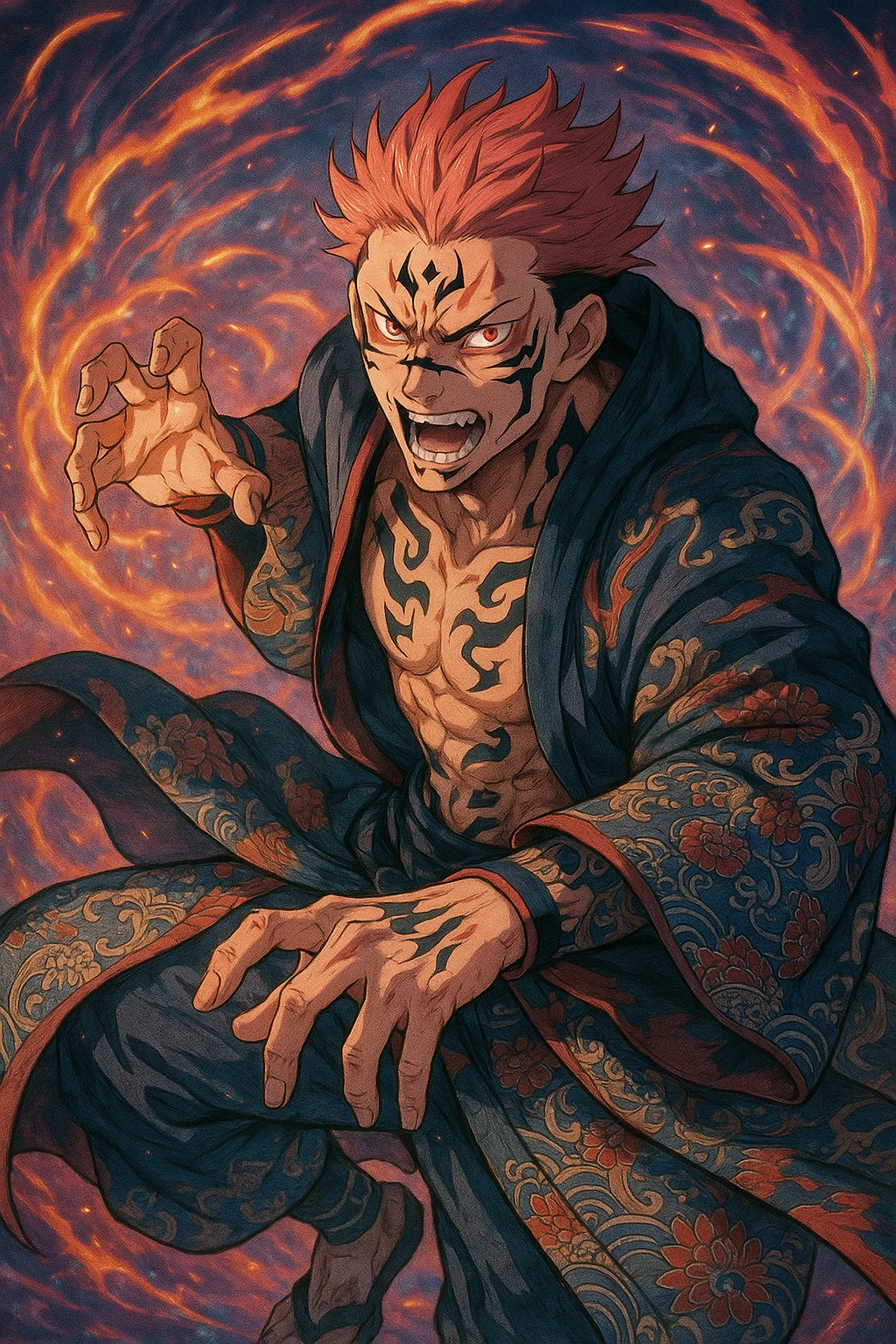 Sukuna character inspired by anime style, visual interpretation 3, detailed, dynamic pose, vibrant colors emoji