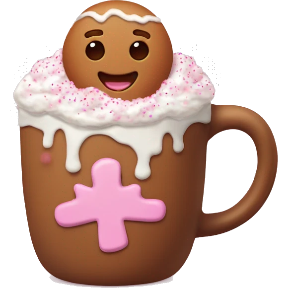 Brown gingerbread man mug with baby pink decoration with hot chocolate with whipped cream and pink sprinkles  emoji