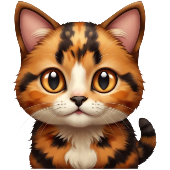 A high-resolution photo-realistic digital illustration of a brown orange black multicoloured  tortoiseshell cat kitten, chest upward emoji