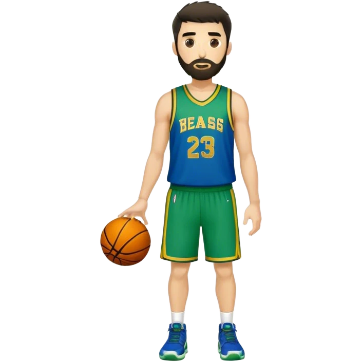 Full Body  white male basketball player with short shaggy dark hair and  close shave gold tee beard  wearing blue and green uniform emoji