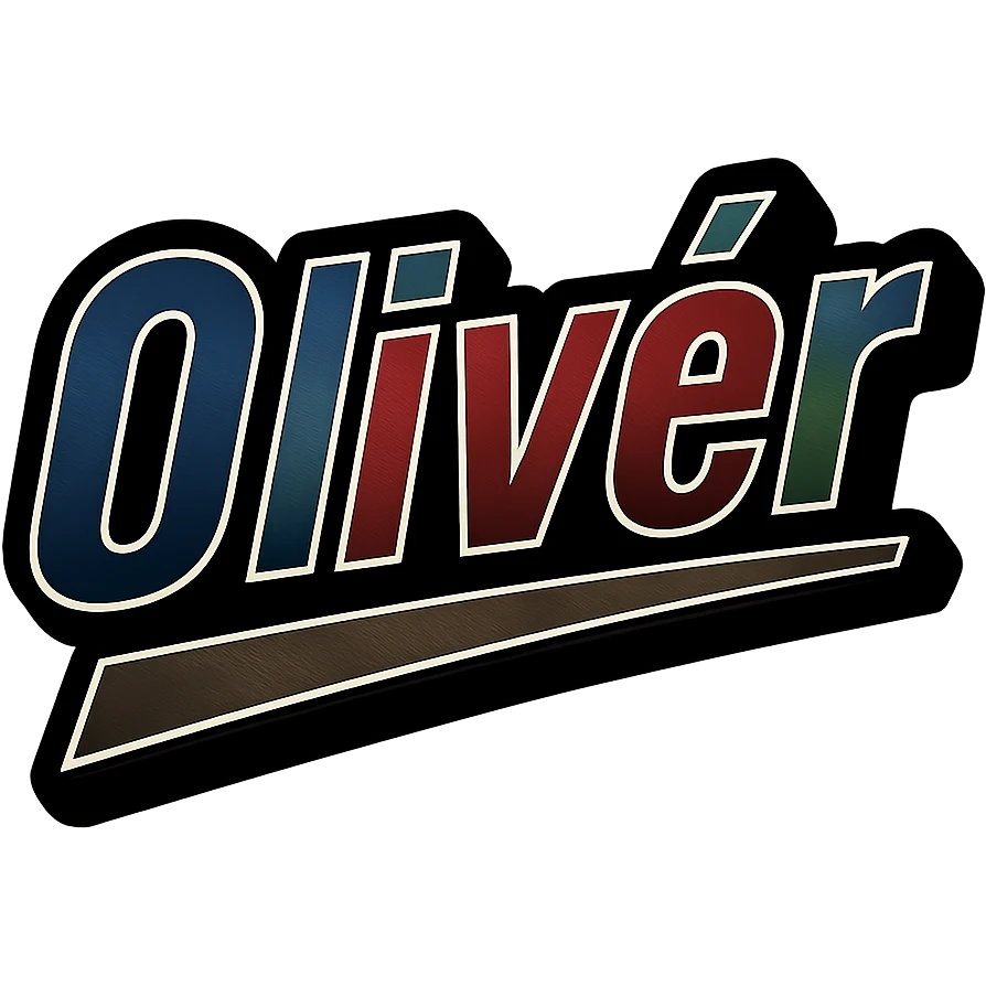 Olivér name in masculine, modern, gradient font with precise Hungarian characters, dark outline, extra thick, prominent white border as in reference images, dynamic slanted underline, masculine color shades (blue, gray, burgundy, green, brown), 1000x1000 px, PNG, transparent background emoji