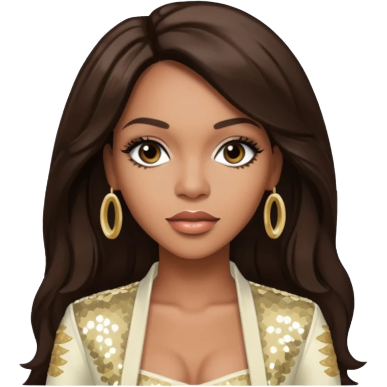 Farrah Franklin from Destiny's Child with long dark brown hair, ivory sequin outfit emoji