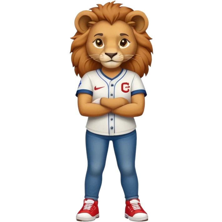 confident anthropomorphised female lion wearing a baseball shirt, jeans, trainers, standing with arms crossed, dominant pose emoji