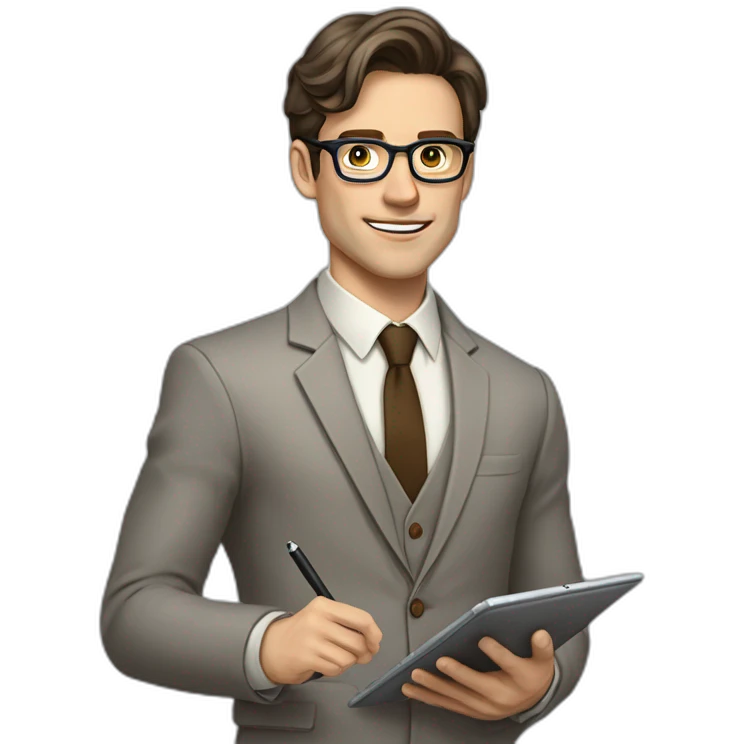 Pale skinned fit man with dark brown hair in gray jacket, beige office shirt, brown tie, brown pants and vintage glasses Writing on the tablet emoji