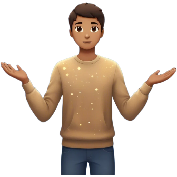 A young man stands in a vast, starry universe, surrounded by floating particles of light. Each particle represents a choice, a moment, a memory—his personal universe. He reaches out, touching one, knowing that everything he does stays in this space forever.  emoji