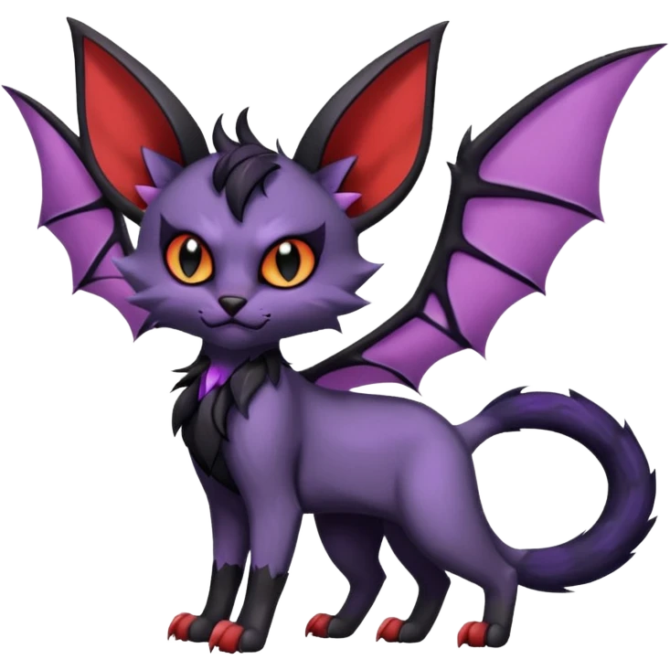 Black edgy Noibat-Purloin-Torracat-Lykoi-Caracal-cat-Fakemon-fusion-hybrid-creature with with tufted ears, tufted tail, bat wings as ears, head wings, ear wings, vampiric, batty, violet and red scale markings emoji