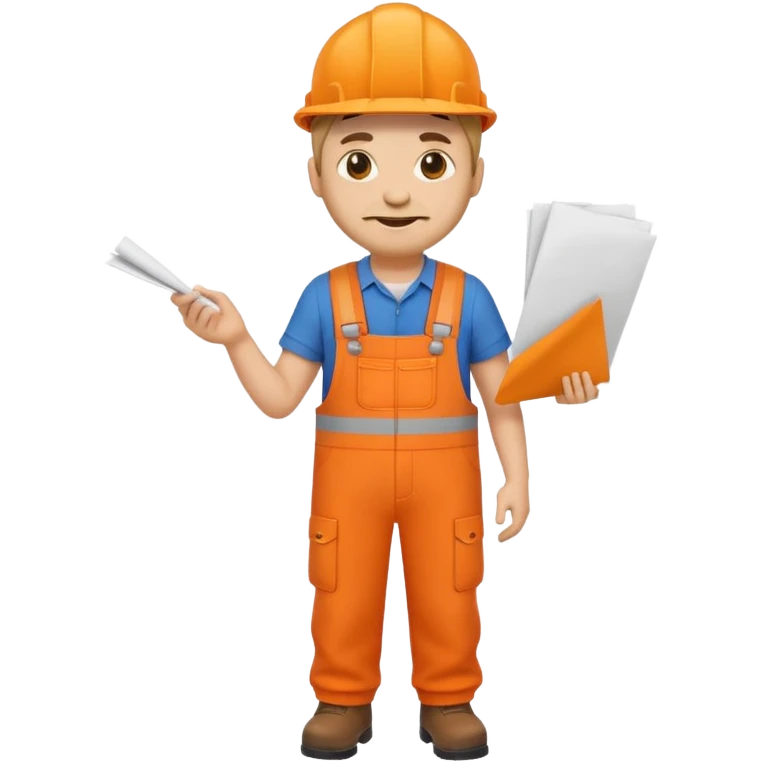 emoji style railway engineer full body in orange overalls, carrying one piece of paper in front of him emoji
