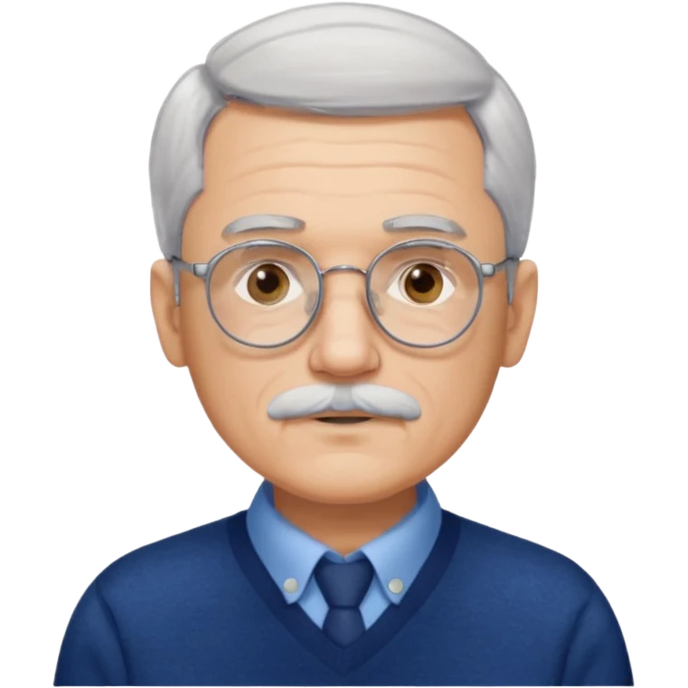 Style anchor + Senior male American, light skin, gray hair, silver round glasses, neat white mustache, navy sweater over blue collared shirt, calm. emoji