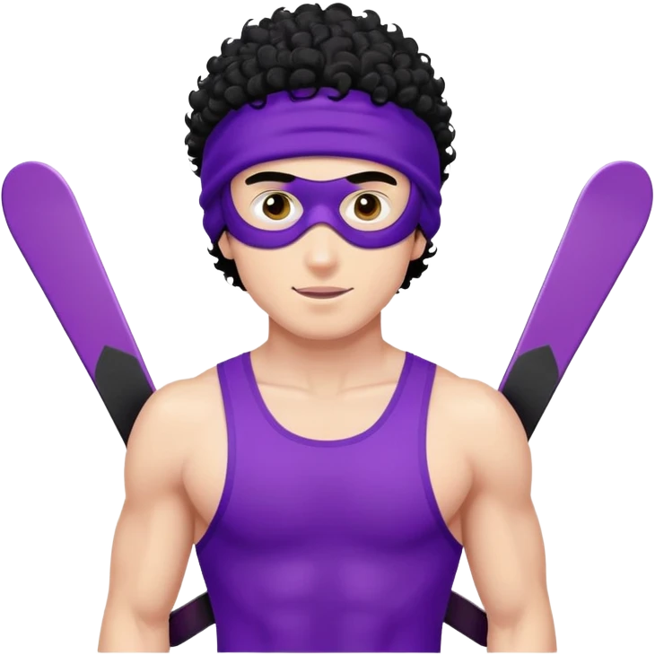 shirtless athletic man with white skin and black curly hair, wearing a purple ski mask emoji