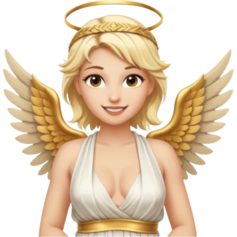 Sexy, edgy, smiling, blond woman, who is a winged, sensual goddess dressed in a very scantily revealing greek toga emoji