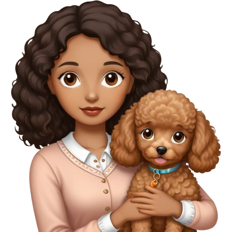 woman with  brown  skin,longblack not too wavy  hair and brown  eyes is holding a apricotpoodle puppy emoji