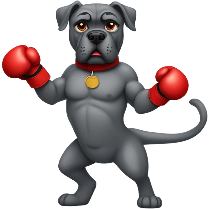 Gray Cane Corso dog with red boxing gloves on in fighting stance like a human. emoji
