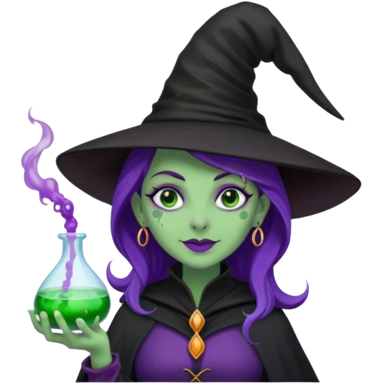 Witch with Green Skin – long-nosed witch in black hat holding potion emoji