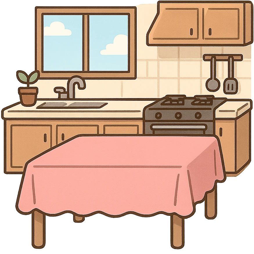 一个温馨的厨房，厨房前景是一个摆放着一个大的粉色桌布的餐桌 emoji