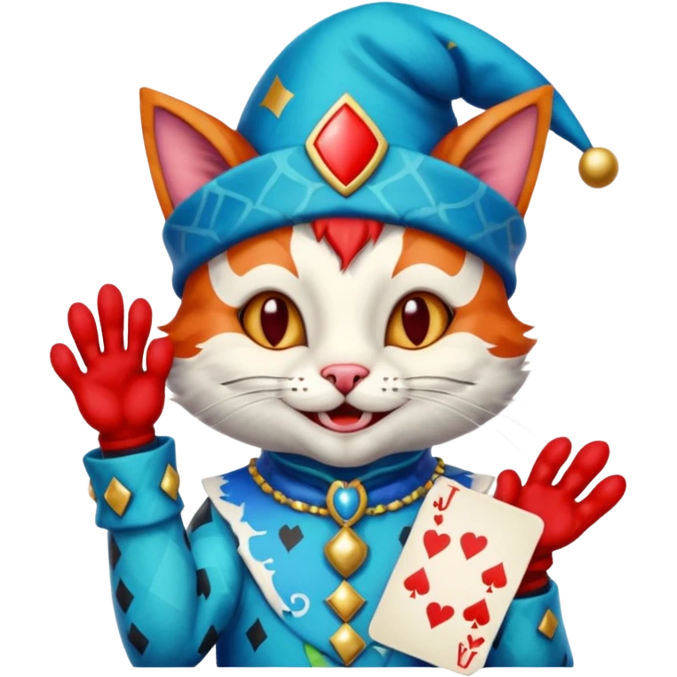 crazy colorful cute little cat jolly joker from poker, medieval, vintage, court jester, mac os icon, blue color, holds a single poker card on the right paw emoji
