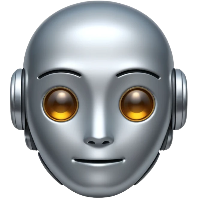 A cute futuristic robot emoji made of silver chrome, rounded friendly body, minimal facial features, glossy metallic surface, soft reflections, iOS emoji style, centered, clean white background emoji