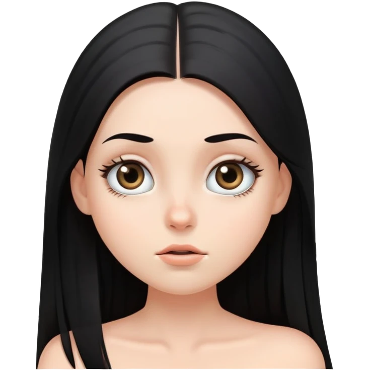 White girl face closeup with huge round eyes, long straight black hair falling in front of her bare shoulders, face closeup emoji