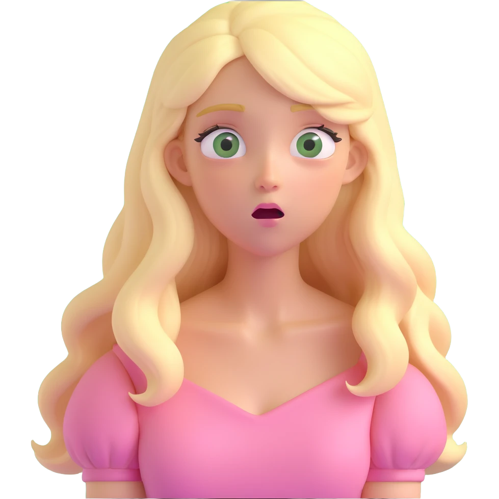 a 3d IOS realistic style emoji of a blonde with long hair and swamp eyes in a pink pastel dress surprised emoji