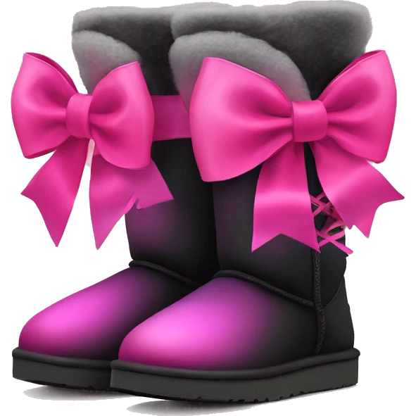 Pair of black and hot pink ombre Ugg fur boots laced up with pink silk ribbon bows. emoji